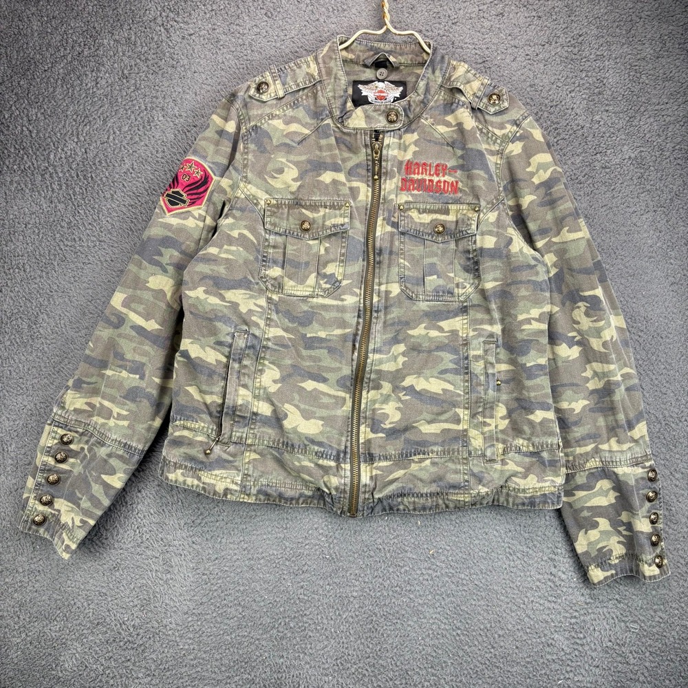 Harley Davidson Womens XL Camo Military Jacket Embroidered Phoenix Wings Moto